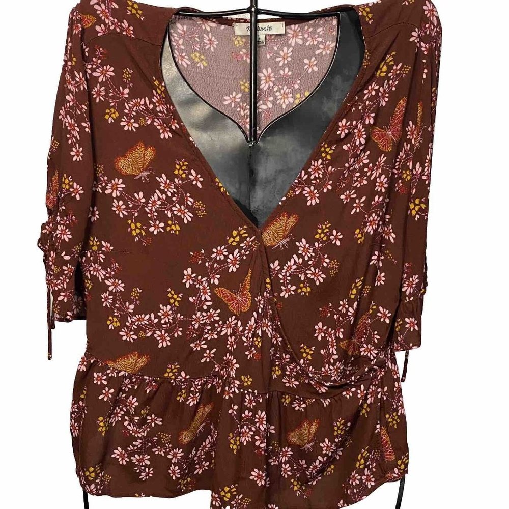 Madewell Size 8 Tie Sleeve Wrap Peplum Butterfly Sanctuary Burgundy Shirt